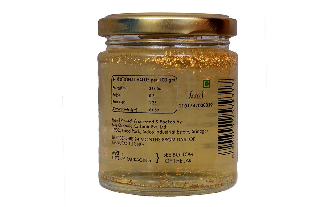 Organic Kashmir Himalayan White Honey Infused with 24 Karat Pure Gold Flakes    Glass Jar  250 grams